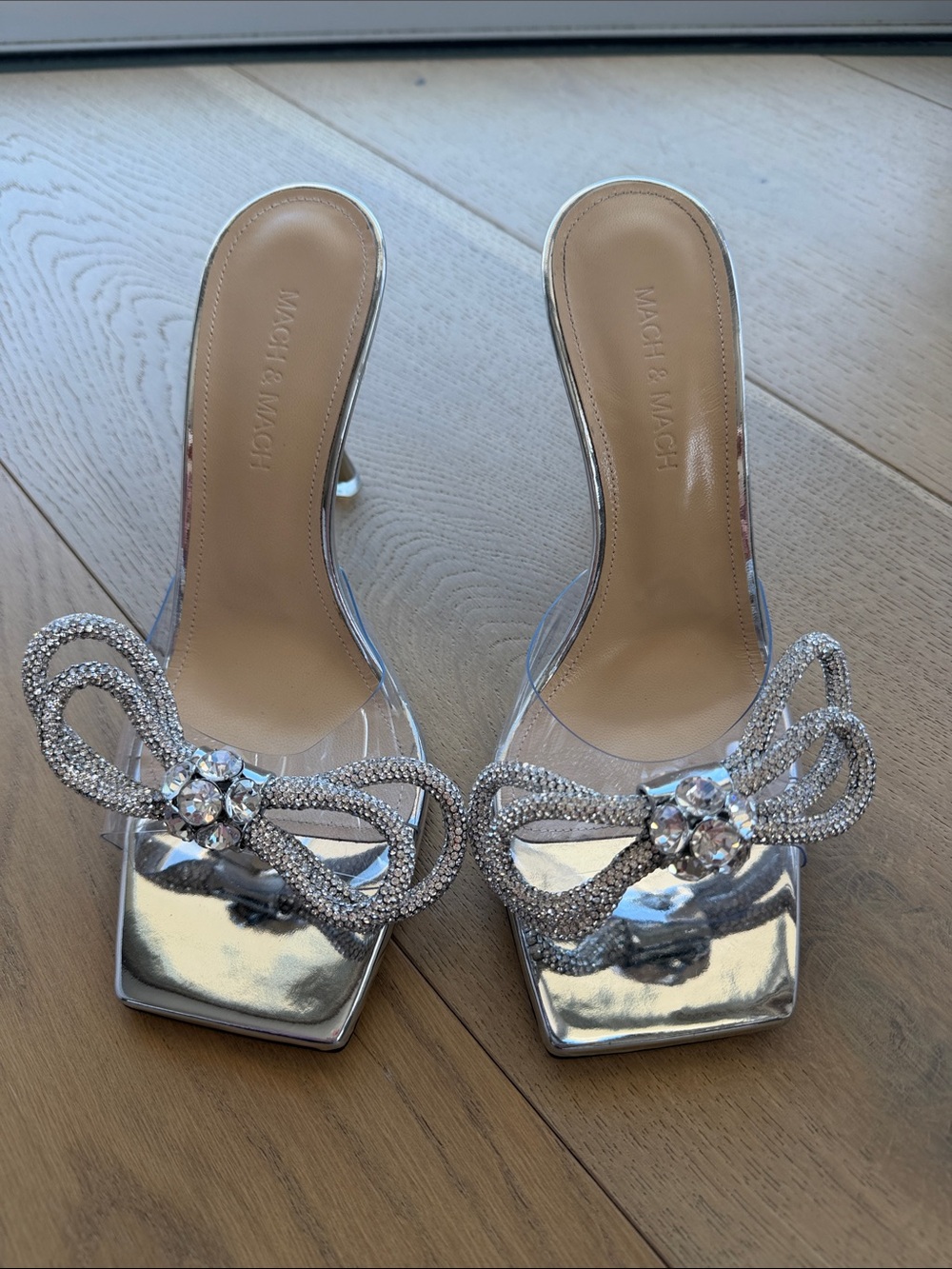 MACH & MACH Silver Crystal Bow Slide Mules with Clear Straps